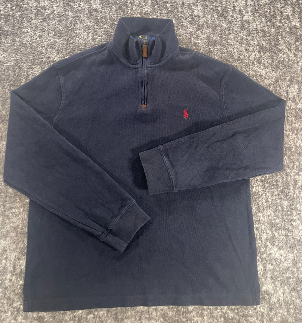 Polo Ralph Lauren 1/4 Zip L Mock Neck Navy Blue Ribbed Cotton Pullover Sweater